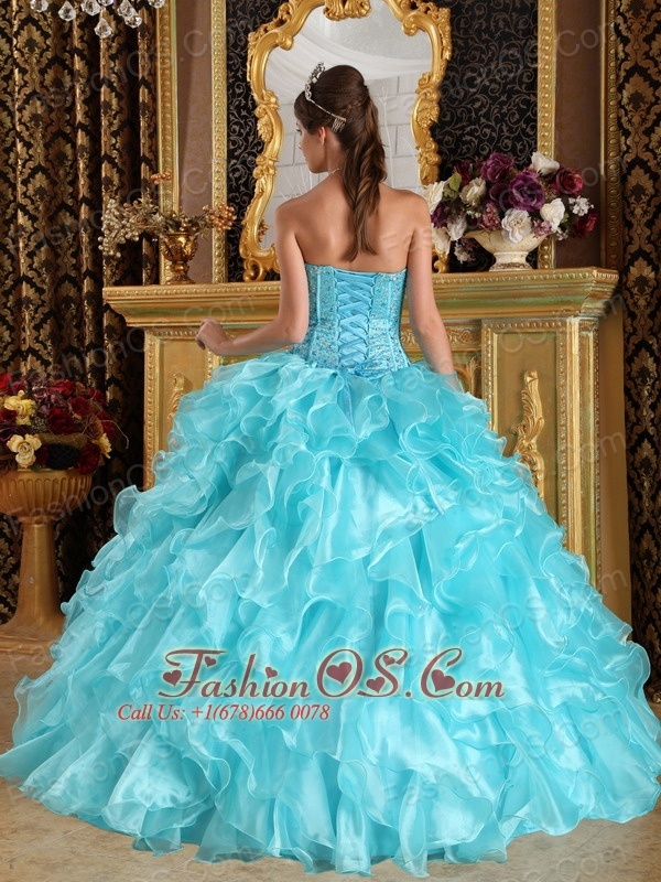 Discount Aqua Blue Quinceanera Dress Sweetheart  Ruffles Organza Ball Gown