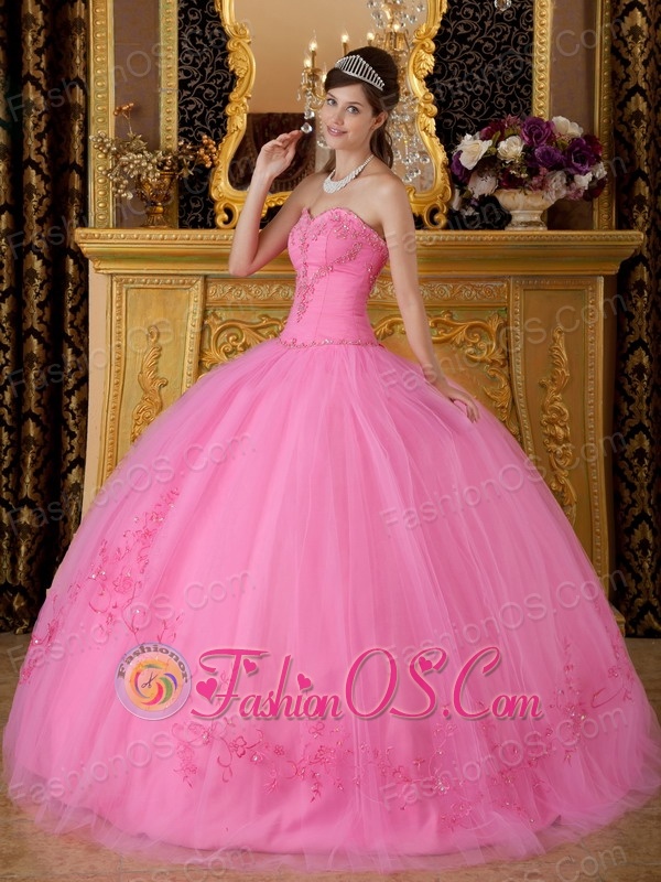 Discount Rose Pink Quinceanera Dress Sweetheart Tulle Appliques Ball Gown
