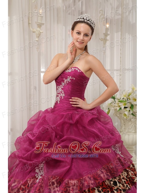Popular Burgundy Quinceanera Dress Sweetheart Organza and Zebra or Leopard Appliques Ball Gown