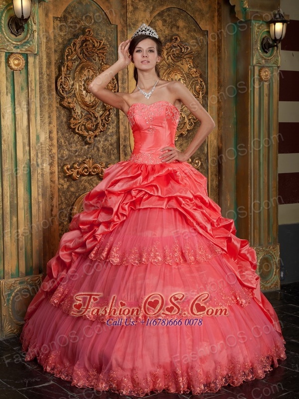 Popular Watermelon Quinceanera Dress Sweetheart Taffeta and Tulle Lace Appliques Ball Gown