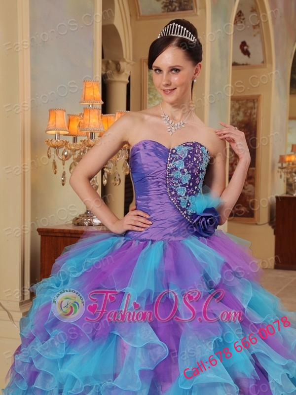The Most Popular Purple and Aqua Blue Quinceanera Dress Sweetheart Ruffles Organza Ball Gown