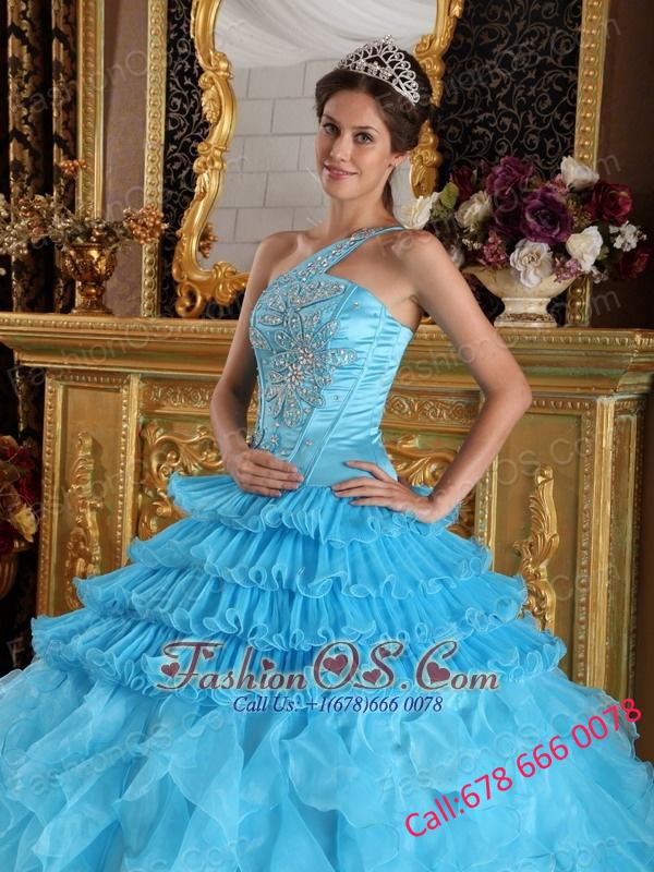 Wonderful Aqua Blue Quinceanera Dress One Shoulder Satin and Organza Beading Ball Gown
