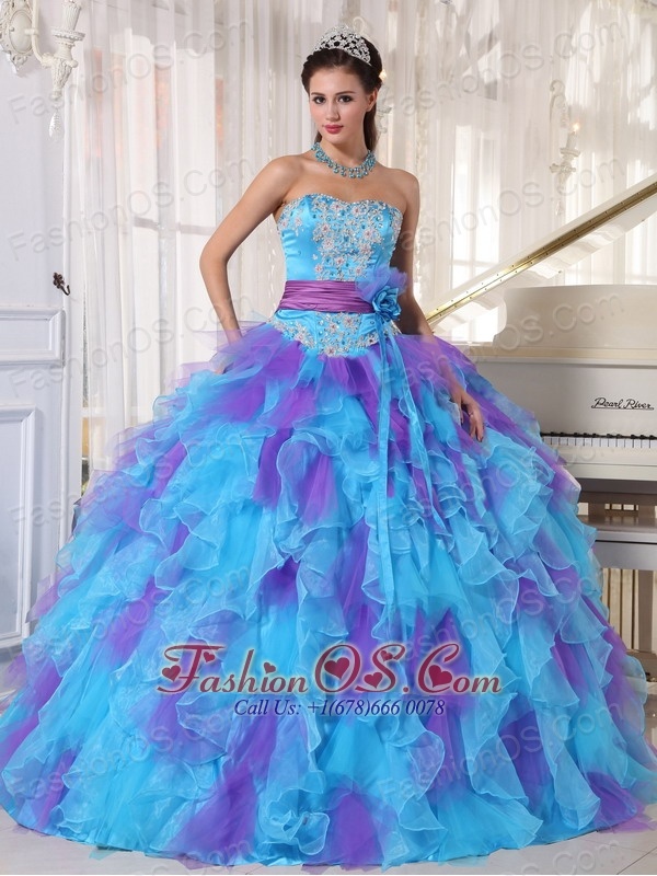Baby Blue and Purple Quinceanera Dress Strapless  Organza Appliques Ball Gown
