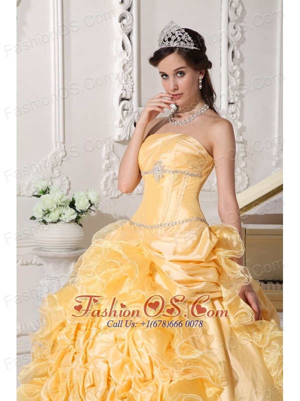 Exquisite Gold Quinceanera Dress Strapless Chapel Train Taffeta Beading Ball Gown