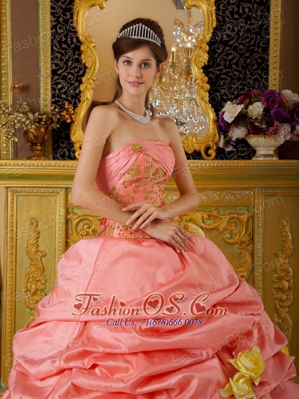 Fashionable Watermelon and Yellow Sweet 16 Dress Strapless Taffeta and Tulle Beading Ball Gown