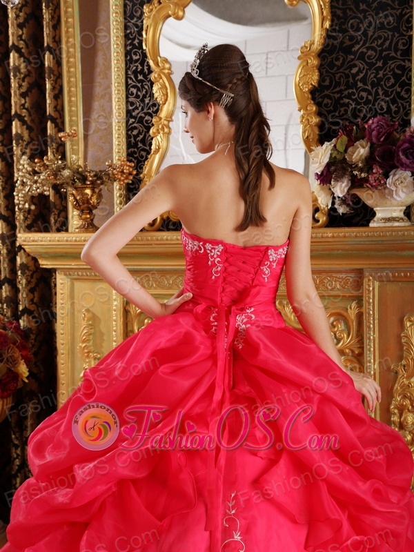 New Coral Red Sweet 16 Dress Strapless Embroidery Organza Ball Gown