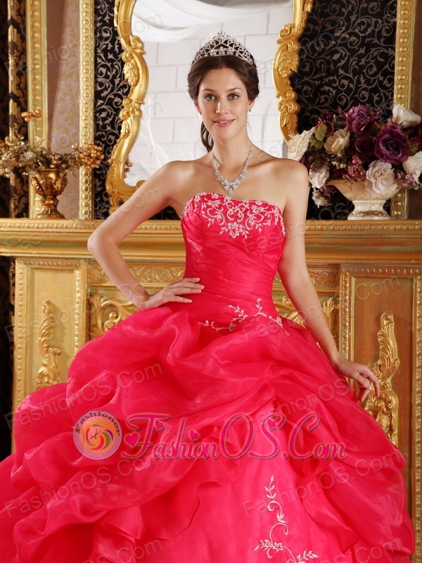 New Coral Red Sweet 16 Dress Strapless Embroidery Organza Ball Gown