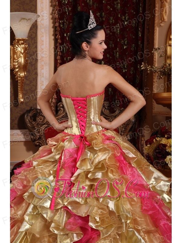 Popular Champagne Quinceanera Dress Strapless Organza Embroidery Ball Gown