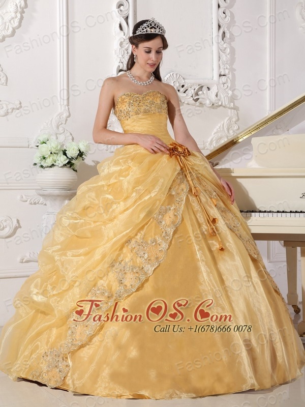 Popular Gold Quinceanera Dress Strapless Organza Embroidery with Beading Ball Gown