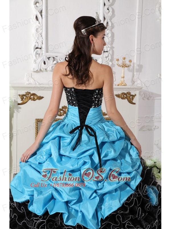 Popular Blue and Black Quinceanera Dress Sweetheart Organza Beading and Rolling Flowers Ball Gown