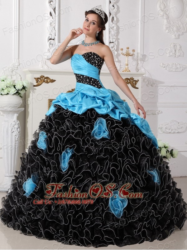 Popular Blue and Black Quinceanera Dress Sweetheart Organza Beading and Rolling Flowers Ball Gown