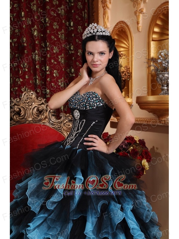 Black and Sky Blue Exclusive Quinceanera Dress Sweetheart Organza Beading Ball Gown