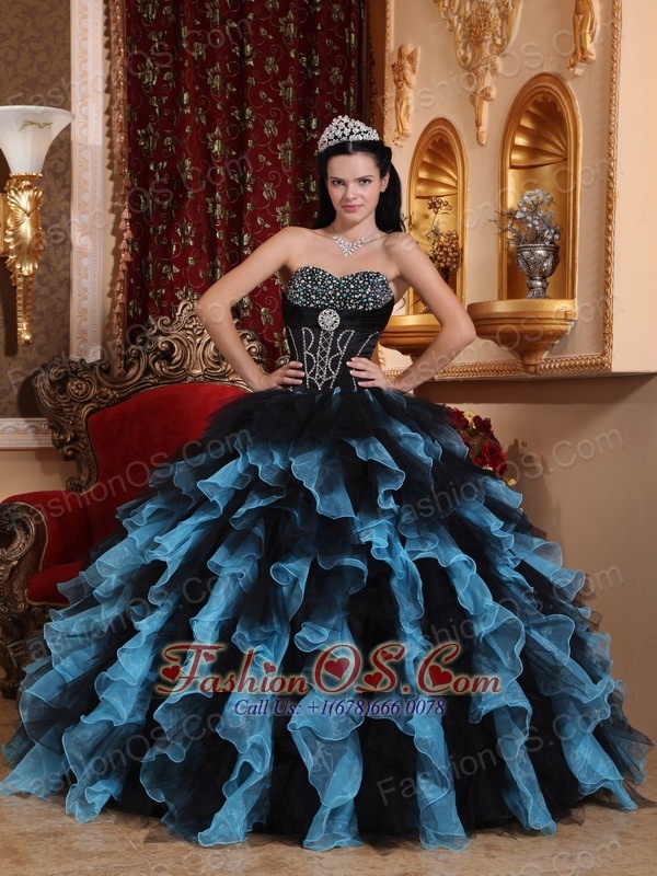 Black and Sky Blue Exclusive Quinceanera Dress Sweetheart Organza Beading Ball Gown