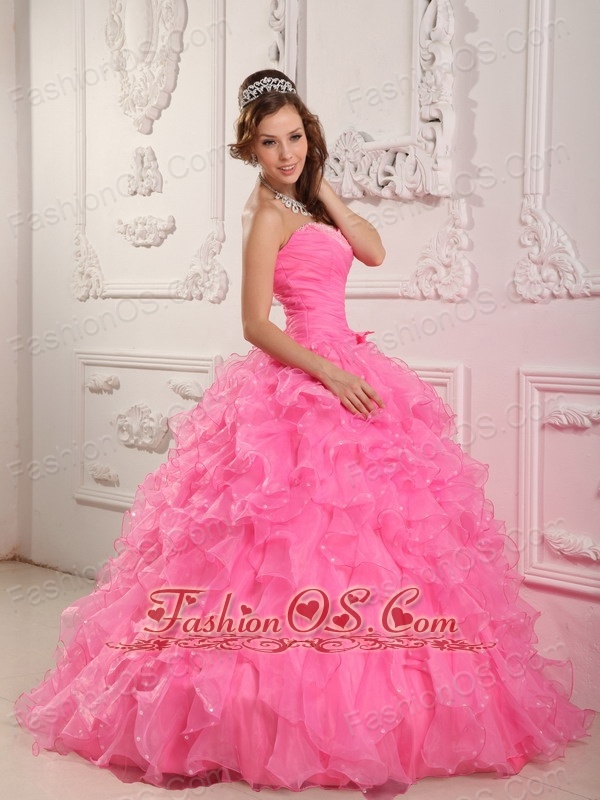 Romantic Rose Pink Quinceanera Dress Sweetheart Organza