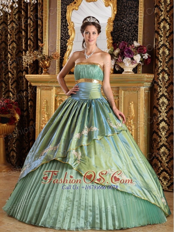 Discount Lemon Green Quinceanera Dress Strapless   Taffeta and Organza Appliques Ball Gown