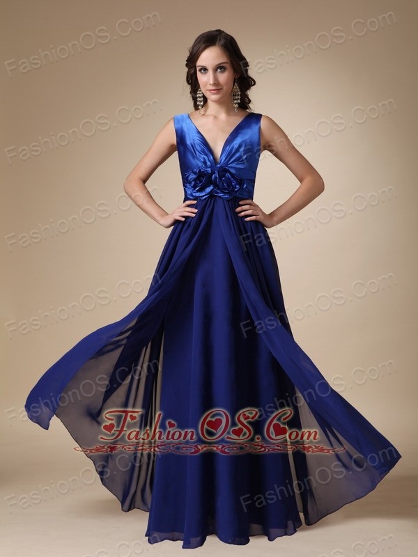 Royal Blue Empire V-neck Floor-length Satin and Chiffon Hand Made Flower Prom / Evening Dress
