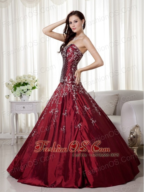 Wine Red A-line Sweetheart Floor-length Taffeta Beading and Embroidery Prom Dress