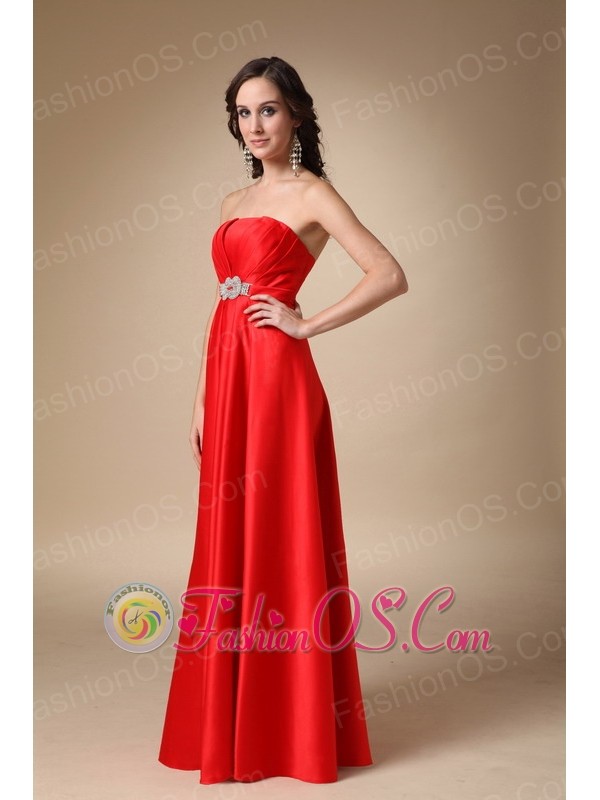 Wine Red A-line Strapless Floor-length Satin Beading Prom Dress
