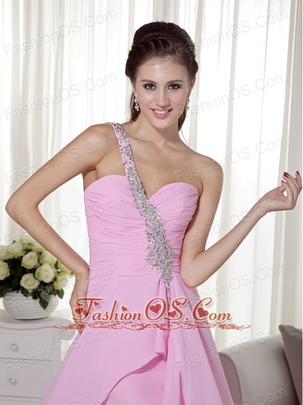 Pink Column / Sheath One Shoulder High-low Chiffon Beading Prom Dress