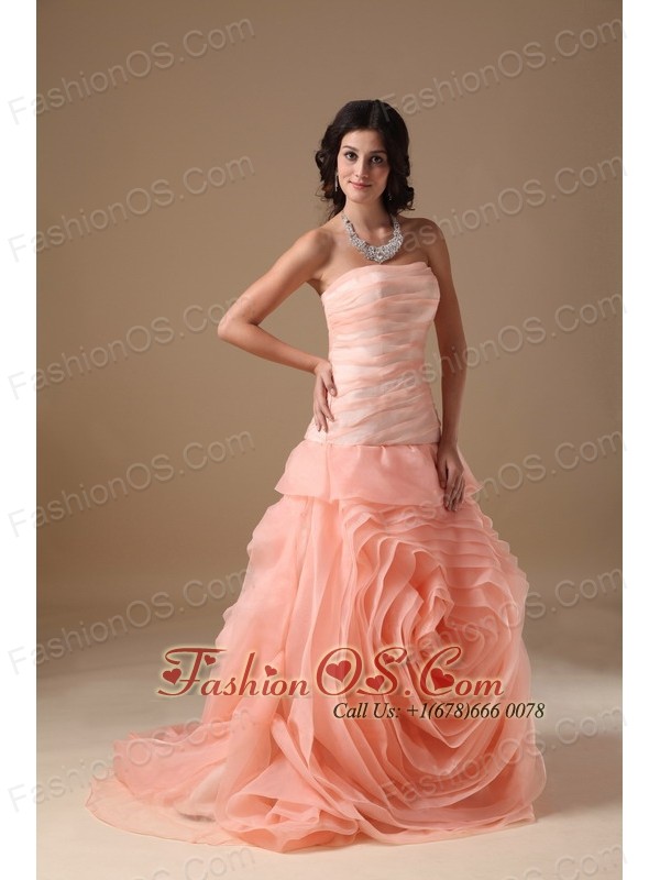 Watermelon Red A-line Strapless Brush Train Organza Hand Made Flower Prom Dress