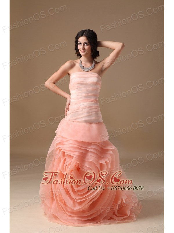 Watermelon Red A-line Strapless Brush Train Organza Hand Made Flower Prom Dress
