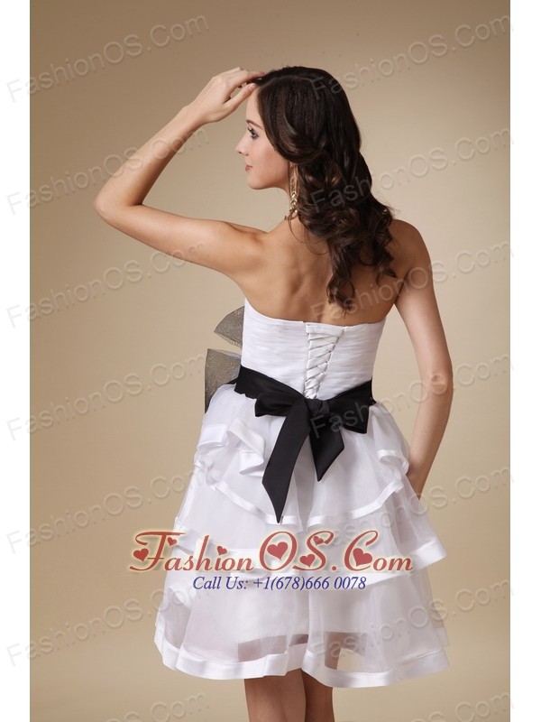 White A-line Strapless Mini-length Organza and Satin Hand Made Flower Bridesmaid Dress