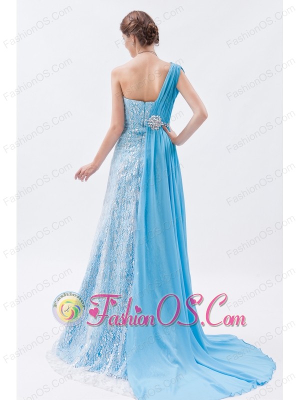 Baby Blue Empire One Shoulder Prom Dress Chiffon and Lace Beading Brush Train