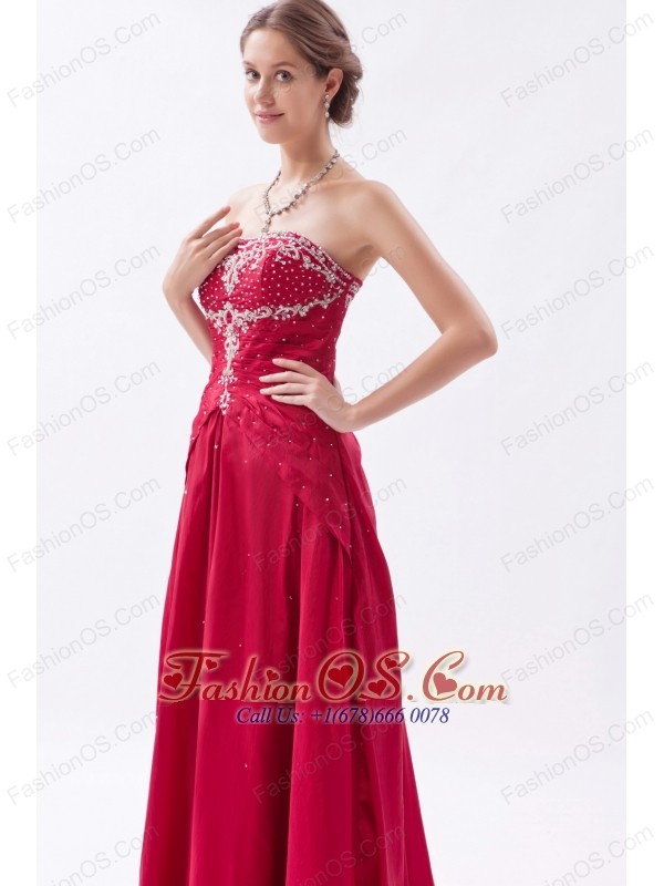 Wine Red Column / Sheath Strapless Prom Dress  Satin Embroidery with Beading Floor-length