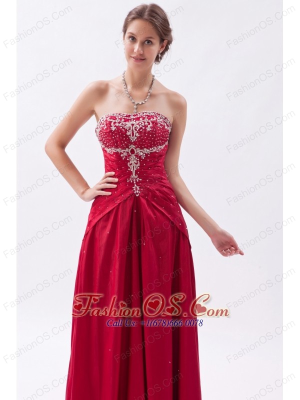 Wine Red Column / Sheath Strapless Prom Dress  Satin Embroidery with Beading Floor-length