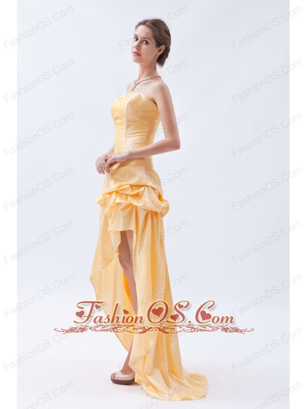 Champagne Column / Sheath Strapless High-low Prom Dress Taffeta Pick-ups