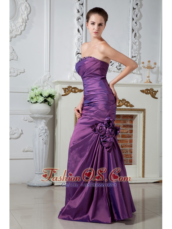Eggplant Purple Column Strapless Ruch and Beading Mother Of The Bride Dress Floor-length Chiffon