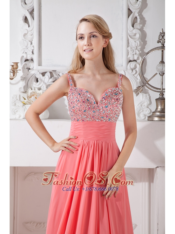 Watermelon Red Spaghetti Straps Chiffon Prom Dress Brush Train Homecoming Gown