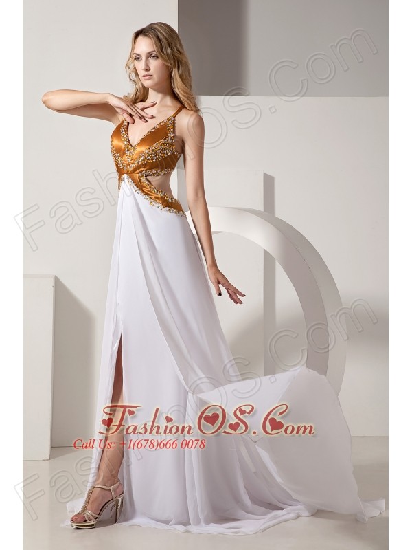 White and Gold V-neck Prom / Evening Dress Coset Back Satin and ...