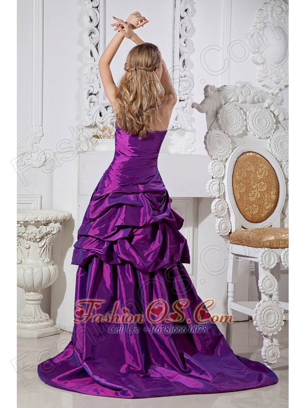Purple Column Sweetheart Hand Made Flowers and Beading Prom Dress High-low Taffeta
