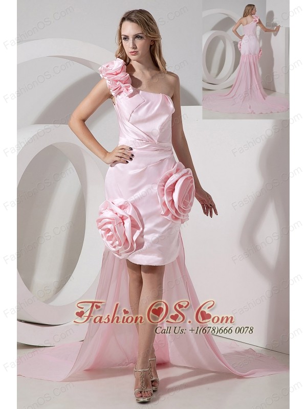 Baby Pink One Shoulder Detachable Hi-Lo Prom Dress Hand Made Flowers