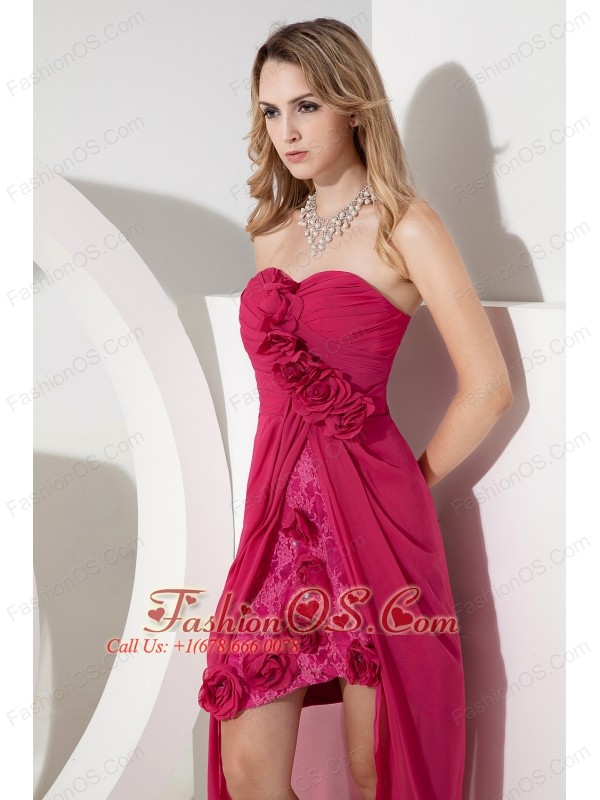 Hot Pink Sweetheart High-low  Prom Dress Chiffon and Lace Hand Made Flowers and Embroidery