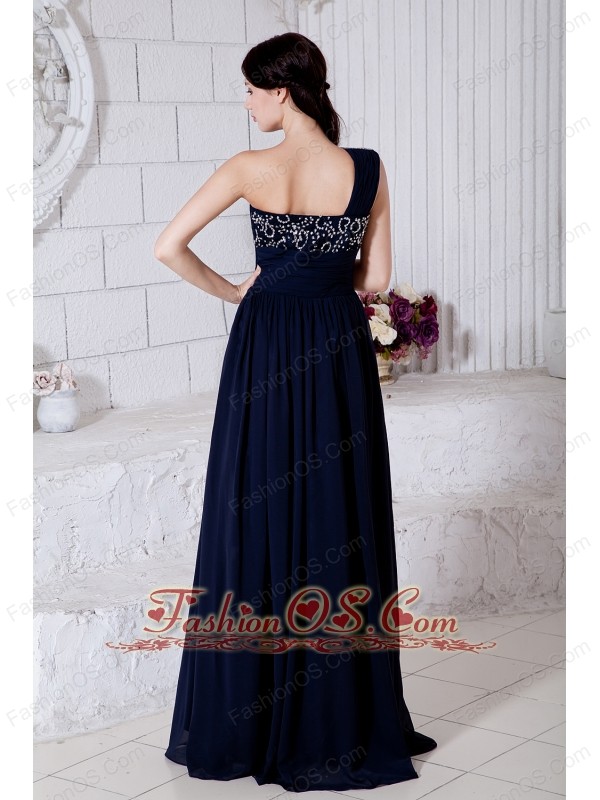 Navy Blue Empire One Shoulder Beading Prom / Evening Dress Brush Train Chiffon
