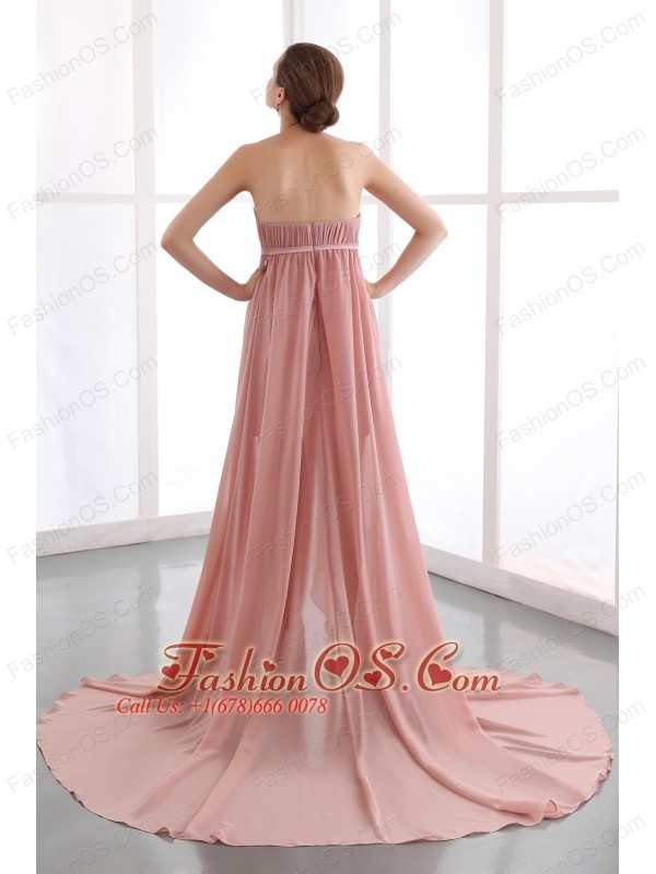 Peach Column Strapless Prom Dress Court Train Chiffon Beading