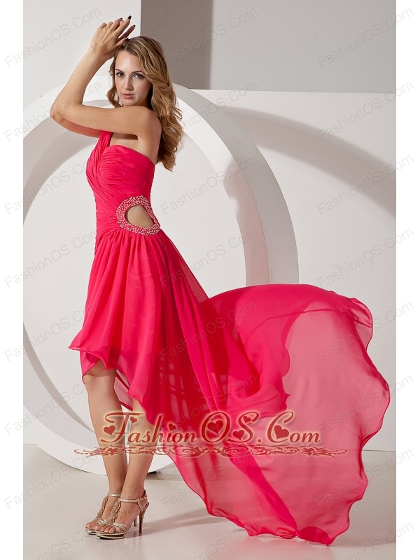 Hot Pink One Shoulder High-low Prom Dress Chiffon Beading