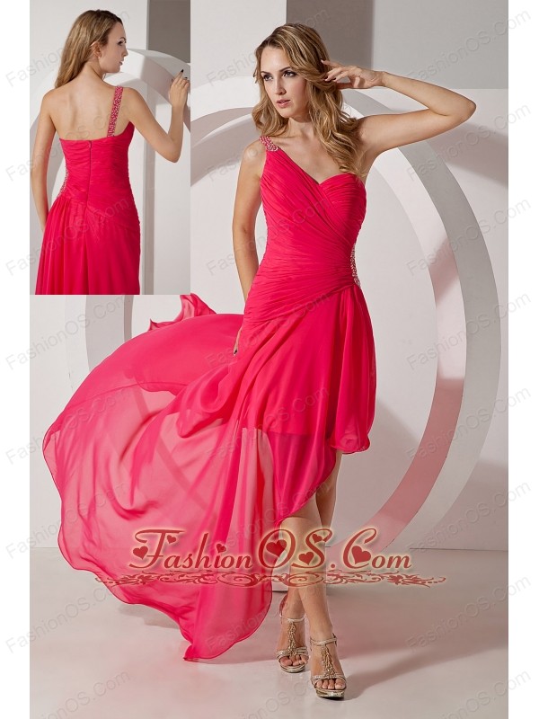 Hot Pink One Shoulder High-low Prom Dress Chiffon Beading