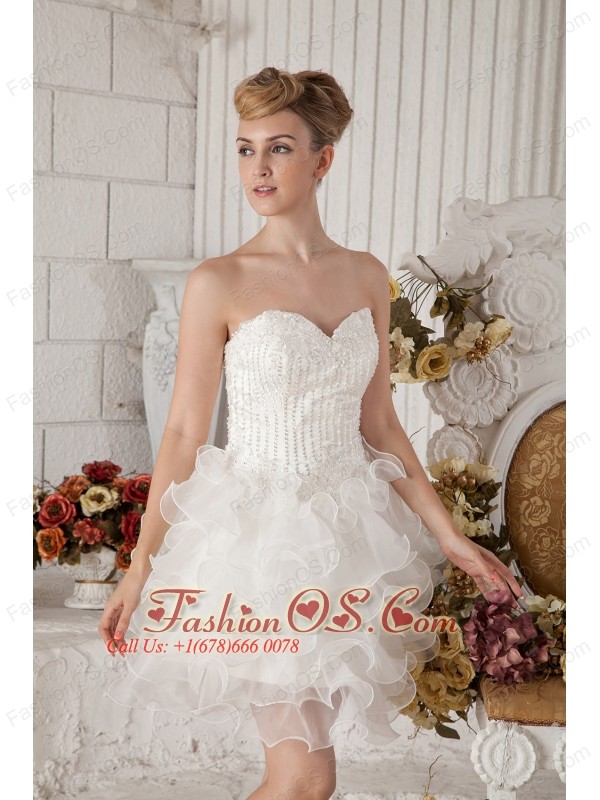 White A-line Sweetheart Short Prom Dress Organza Beading Mini-length