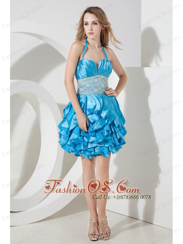 Baby Blue Column Halter Lace Short Prom Dress Mini-lengrh Taffeta