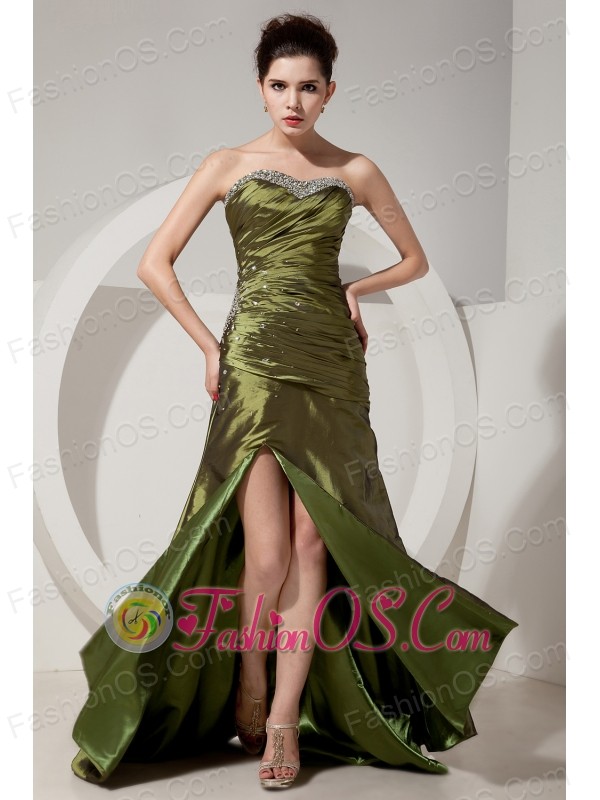 Olive Green Prom Dress Column / Sheath Sweetheart Beading and