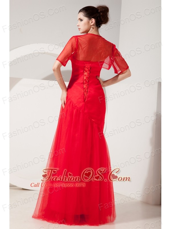 Modest Red Column Strapless Prom Dress Tulle Rush Floor-length