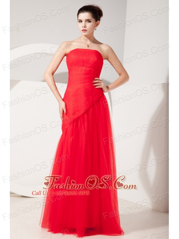 Modest Red Column Strapless Prom Dress Tulle Rush Floor-length
