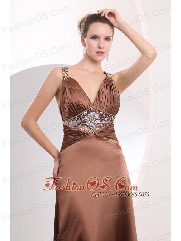 Sexy Brown Empire Straps Prom / Evening Dress Brush Train Elastic Woven Satin Beading