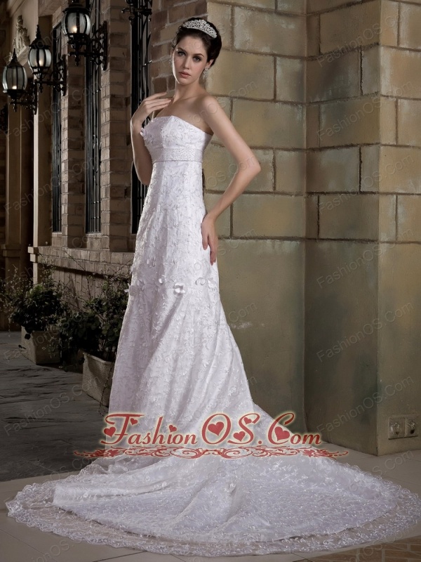 Custom Made Mermaid Strapless Lace Wedding Dress Chapel Train Taffeta and  Beading