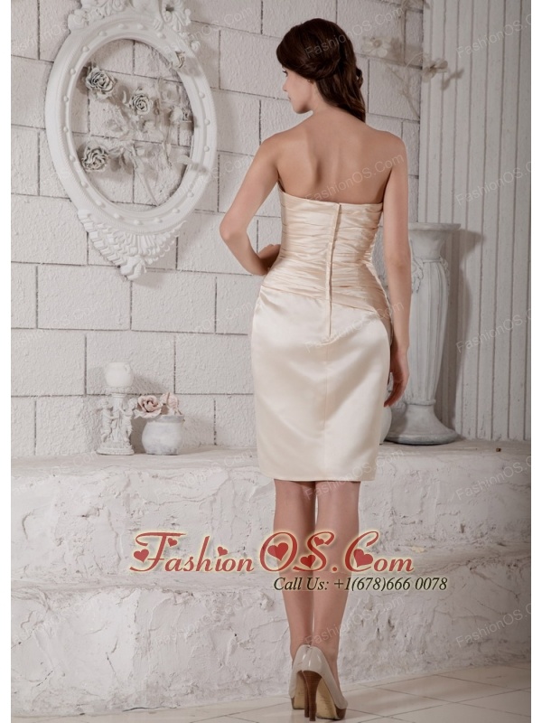 Beautiful Champagne Column Mother of the Bride Dress Strapless Hand Made Flowers and Ruch Knee-length Satin
