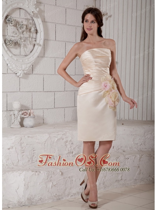 Beautiful Champagne Column Mother of the Bride Dress Strapless Hand Made Flowers and Ruch Knee-length Satin