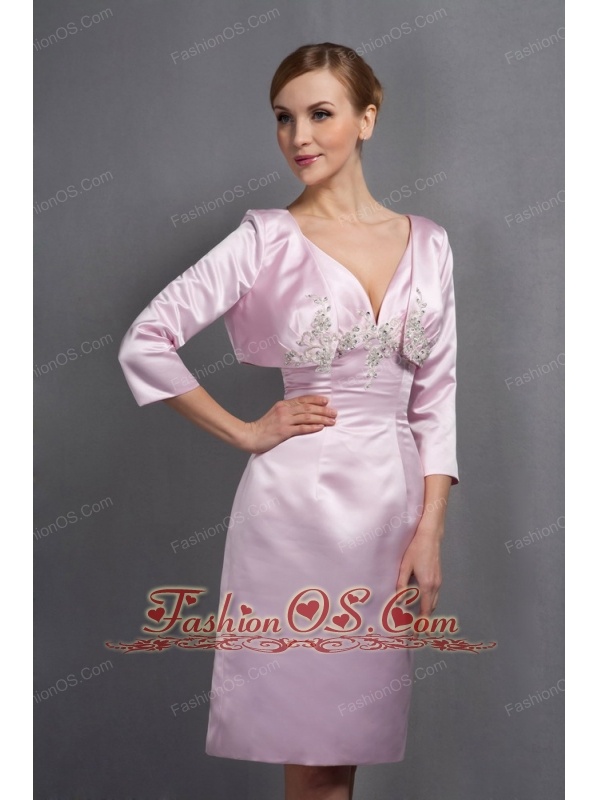 Custom Made Baby Pink Column Mother Of The Bride Dress V-neck Ruch and Appliques Knee-length Taffeta